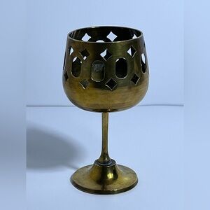 VTG Brass Candle Holder Goblet Style Pierced Designs Rustic Home Decor